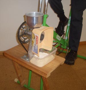 Exercise bike with flour milling mechanism added to the front.